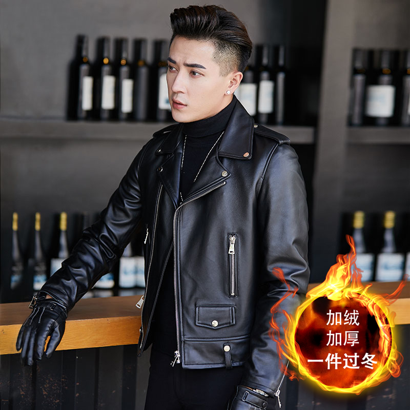 海宁新款真皮皮衣男士绵羊皮短款西装领斜拉链皮夹克休闲帅气外套