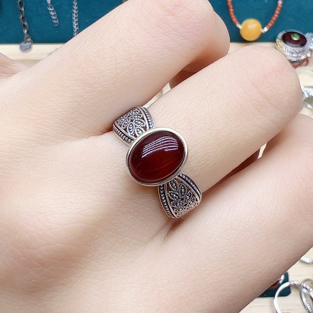 血珀戒指银S925镶嵌天然