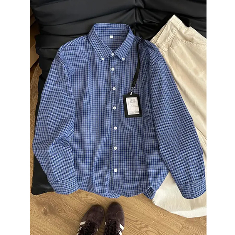 vintage蓝色格子长袖衬衫男款学院风高智感叠穿衬衣情侣格纹外套