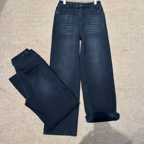 RM-加绒加厚冬高腰显瘦直筒牛仔裤复古保暖7607