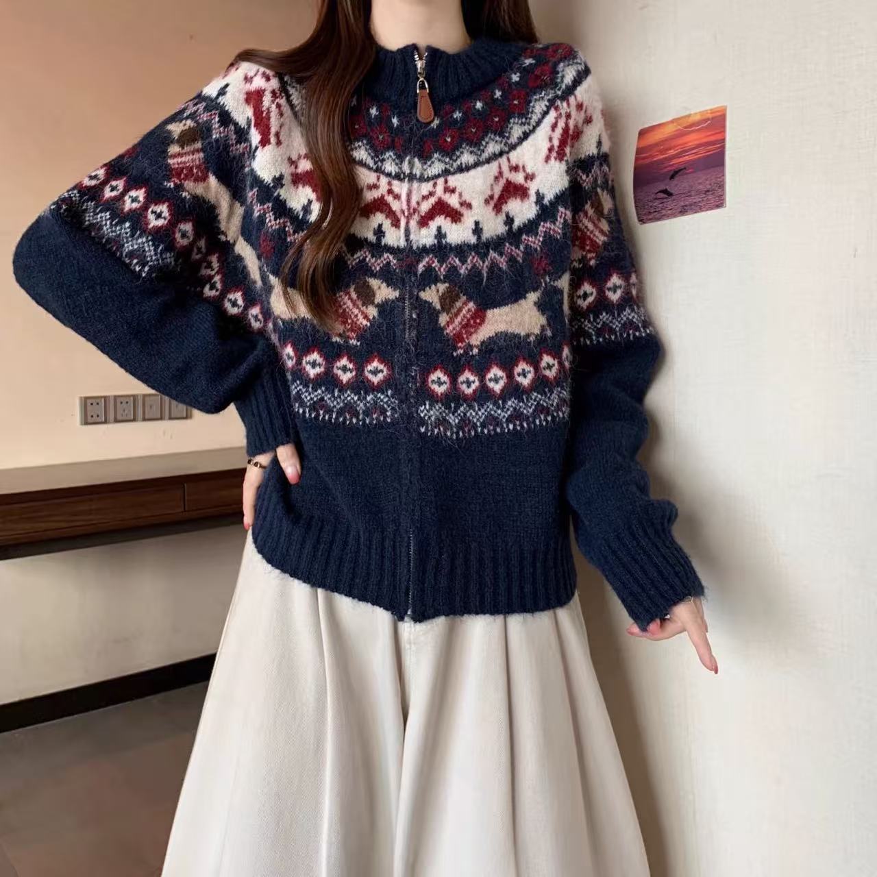 【运费补贴】藏青色皮质费尔岛女毛衣针织衫开衫显瘦外套