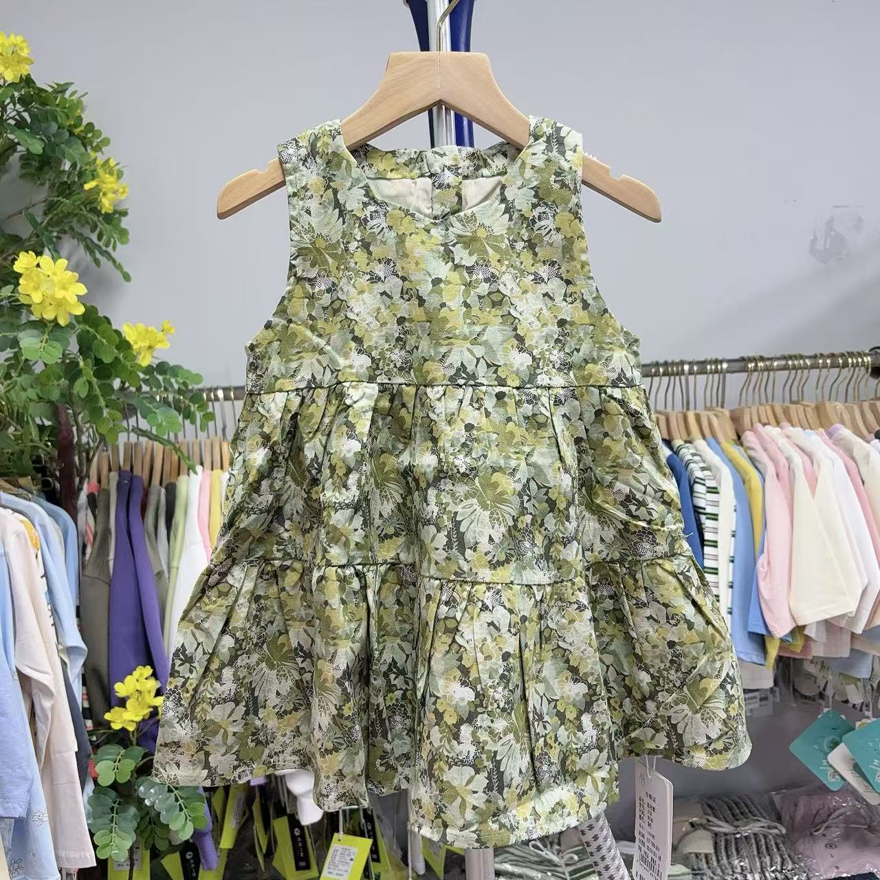 小熊妮女童春秋背心连衣裙碎花裙子 2128 绿色