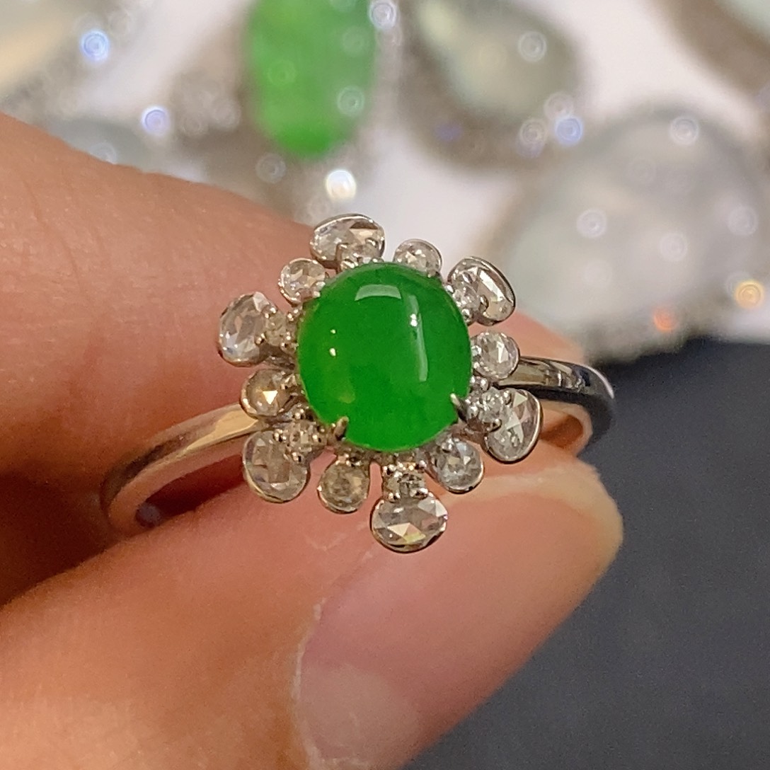 翡翠戒指18K金镶嵌天然缅甸A货翡翠