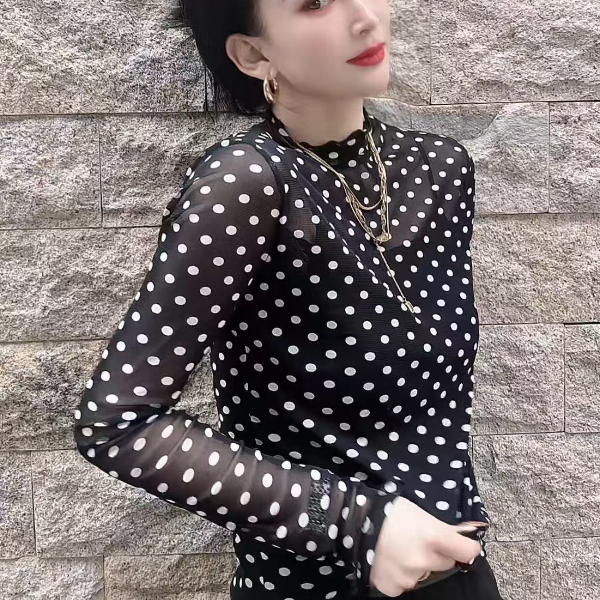 黑色波点网纱长袖t恤女2025春季新款独特超好看气质修身内搭上衣