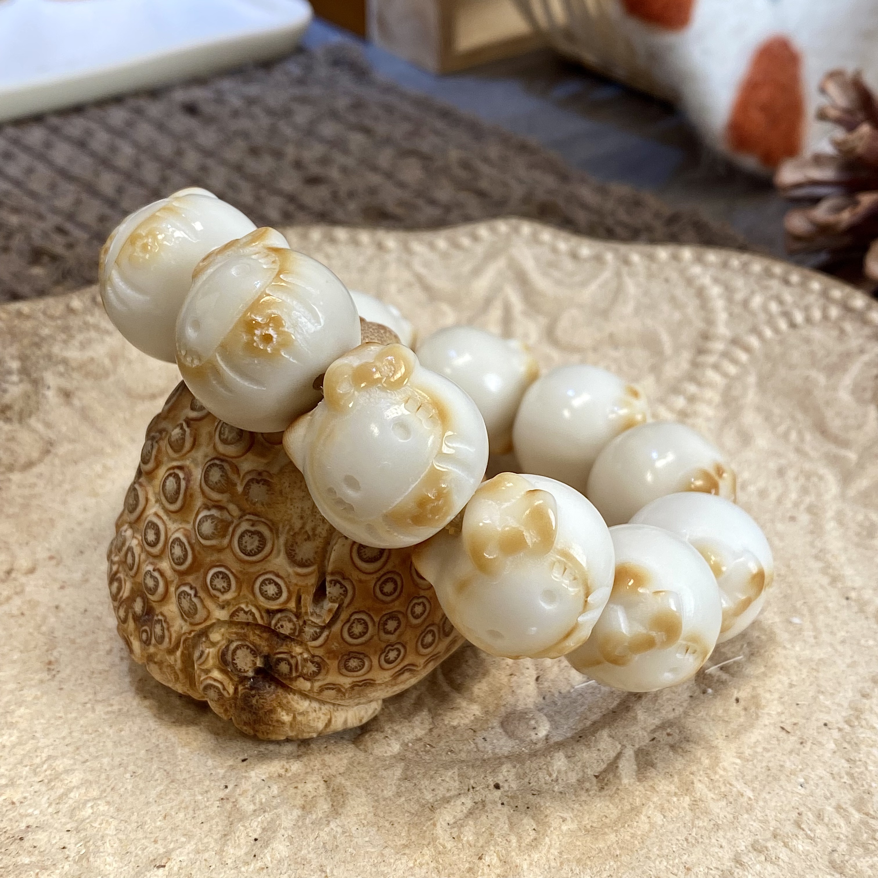 象牙果原果雕刻手工炭烤原白kt圆珠可爱kt文玩手串