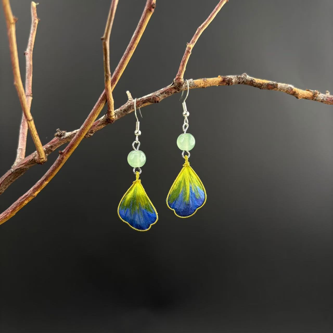 合金琉璃耳饰 【只此青绿】千里江山色鸢尾耳环手工琉璃珠