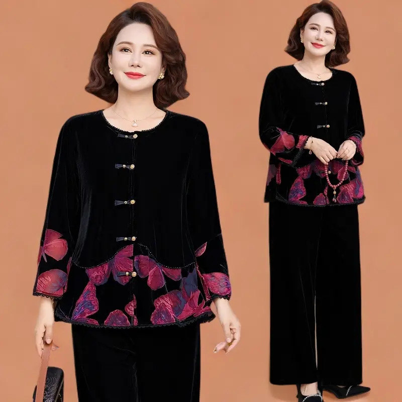 妈妈中年秋装金丝绒套装时尚大码外套2025新款中老中老年牛仔马甲