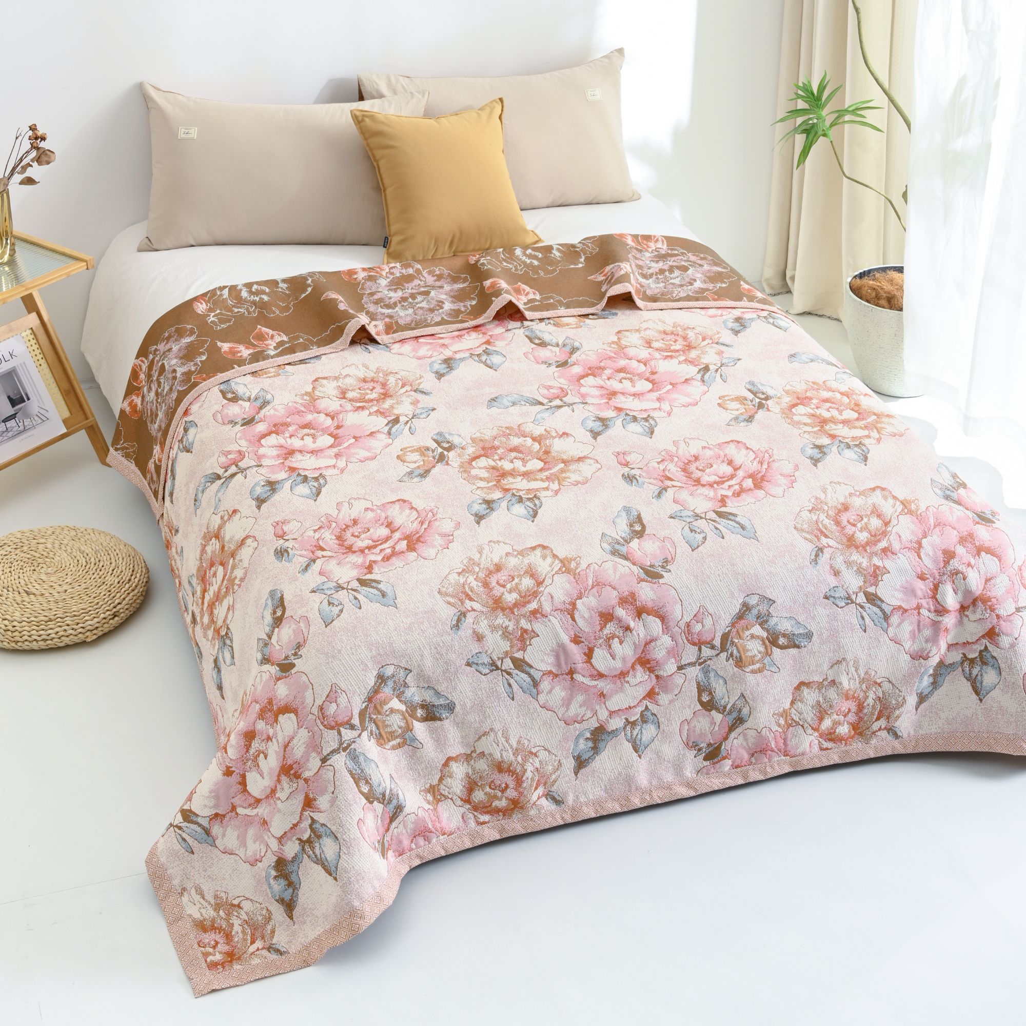 【直播专享】亚麻轻奢柔软纱布盖毯软凉席200*230-月季花开