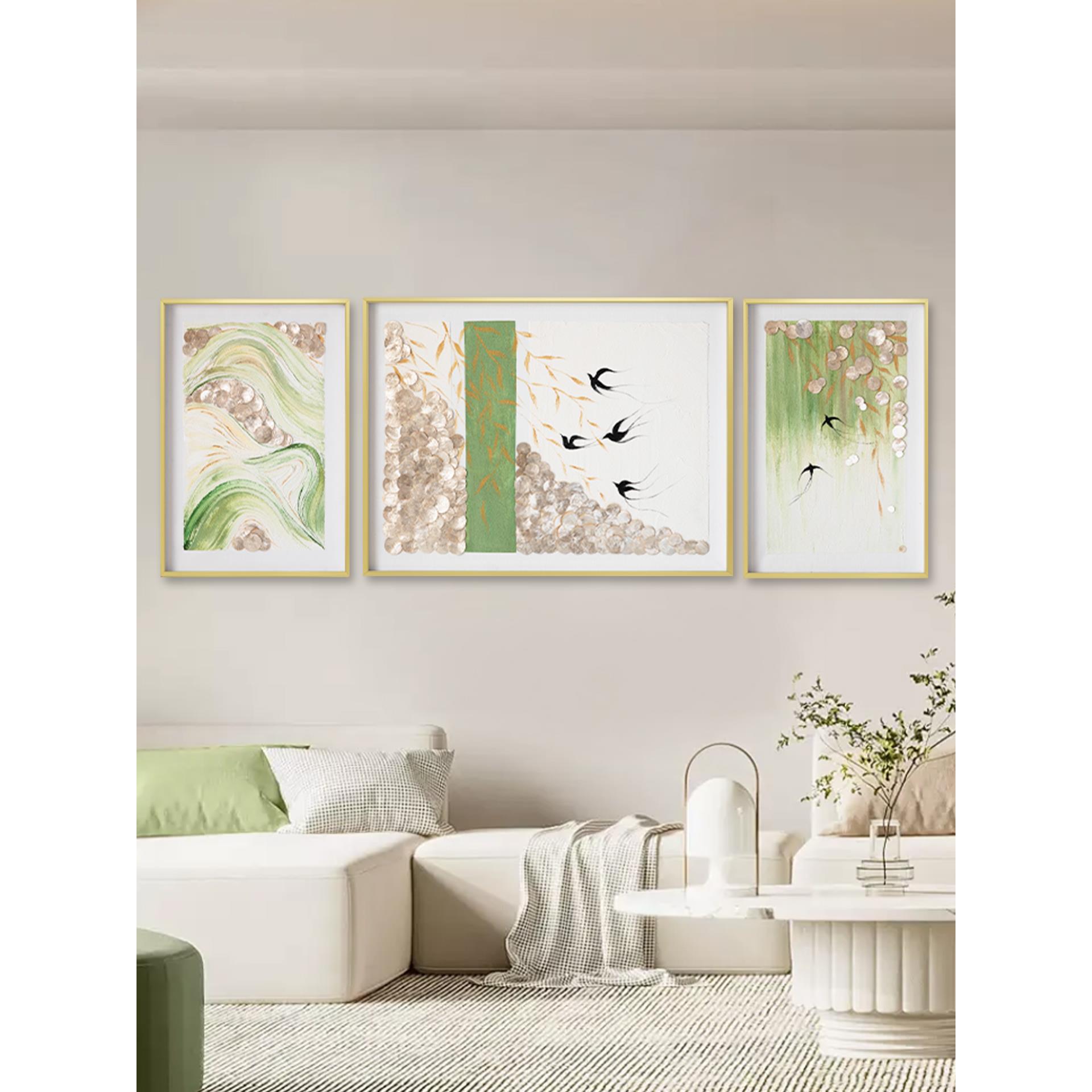原创东方美学手绘花鸟油画客厅贝壳装饰画背景墙三联挂画江南春晓