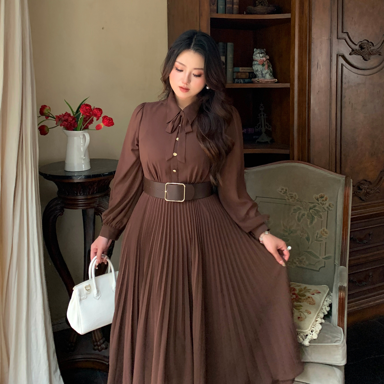 GLEC大码女装高端气质复古衬衫百褶连衣裙2025新款今年流行爆款