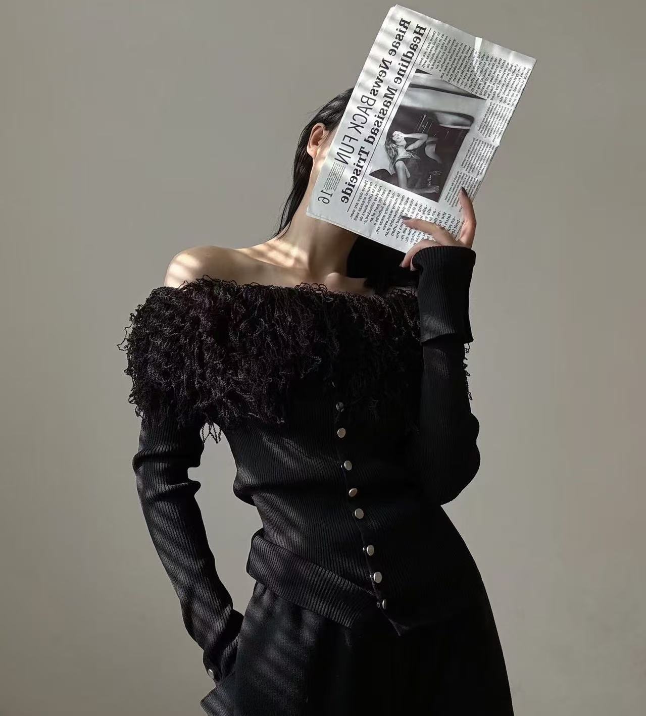 设计感烫钻毛针织衫复古短袖短款秋季针织自定义长袖