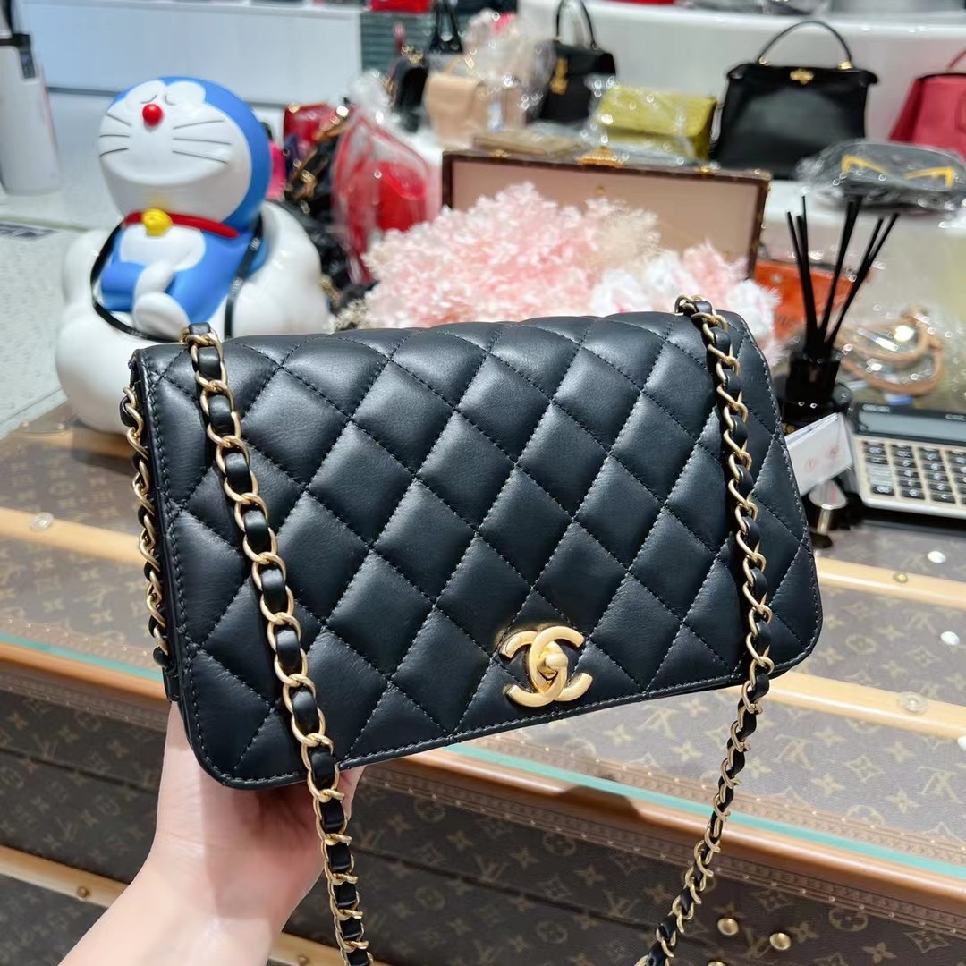 95新 Chanel/香奈儿 59 黑金羊皮单肩链条包！26开头！