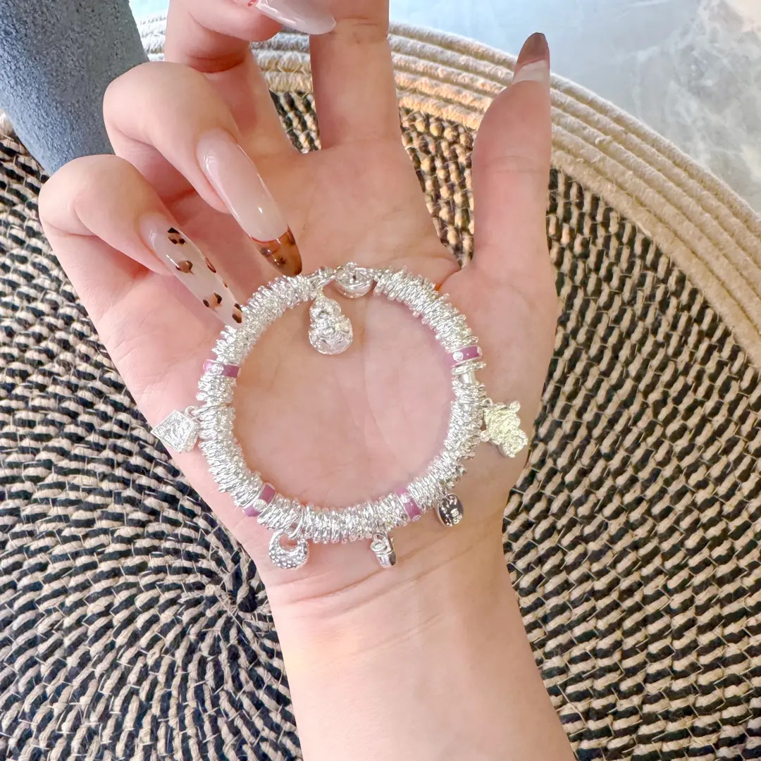 足银珐琅手镯 999.9 银开口紫韵财神葫芦开口手镯实心