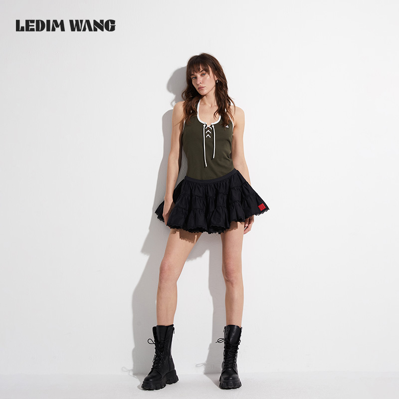 ledim wang黑色蕾丝花边拼接蓬蓬裙原创小众设计修身a字半身裙女