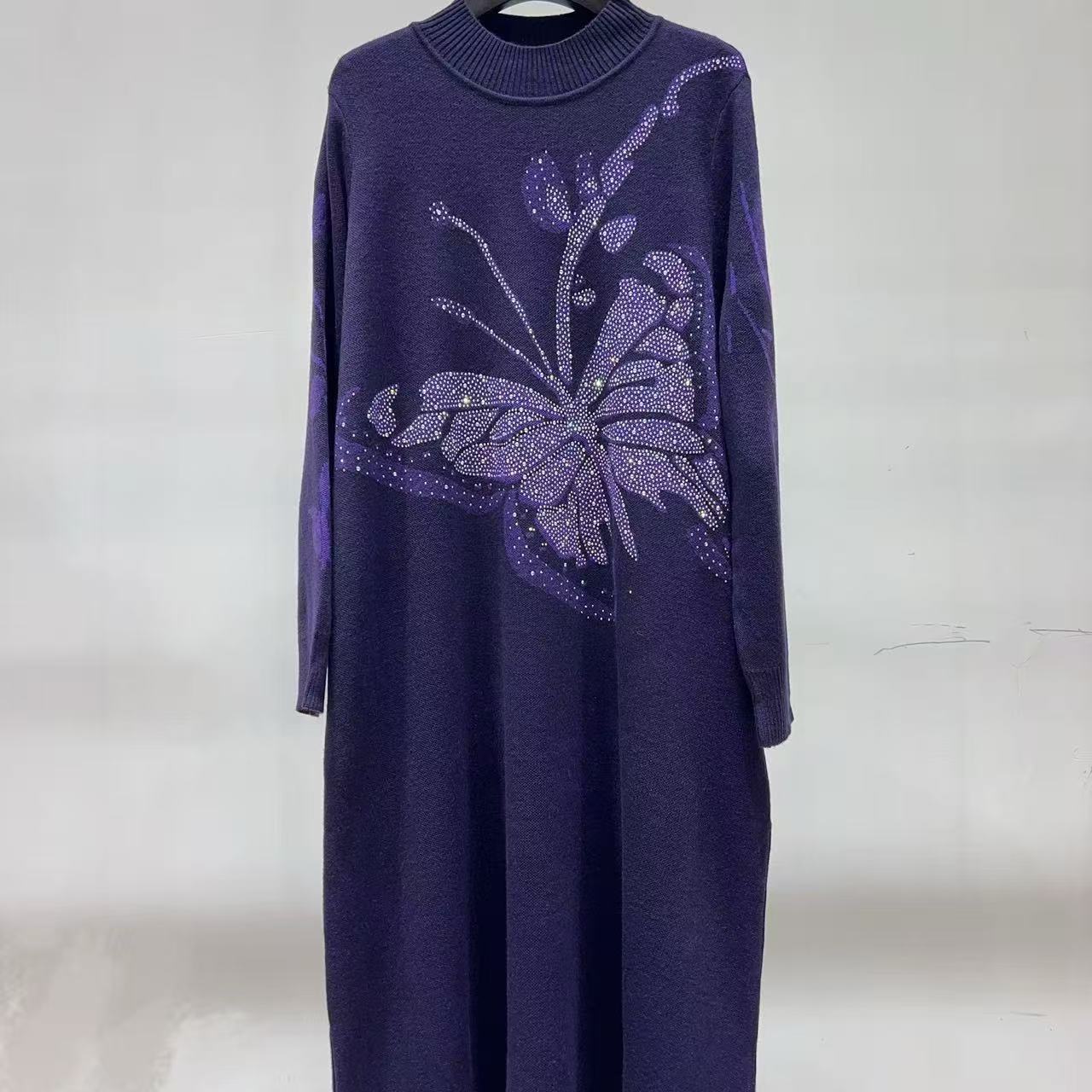 6922[蝴蝶仙子]星空紫色蝴蝶烫砖秋冬新款连衣裙