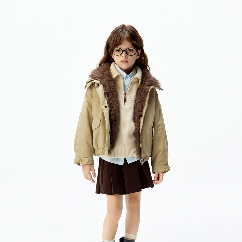 小酒窝同款亲子装littlemoco童装25冬新款男女童可拆卸毛领夹克