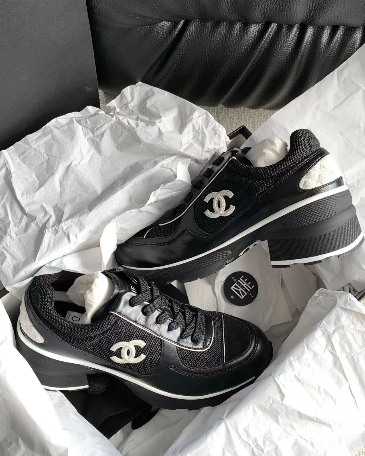 未使用 Chanel/香奈儿 定金25k黑色皮拼网面高跟运动鞋尺码备注