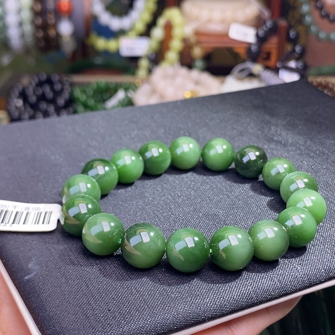 手链未镶嵌和田玉碧玉猫眼老矿料猫眼约12mm手串