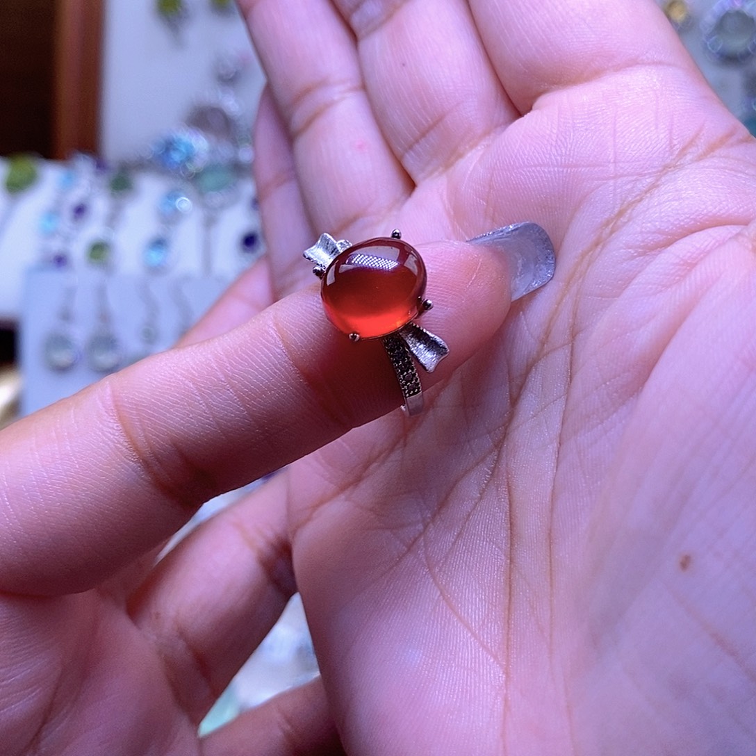 青***片戒指银S925镶嵌石榴石