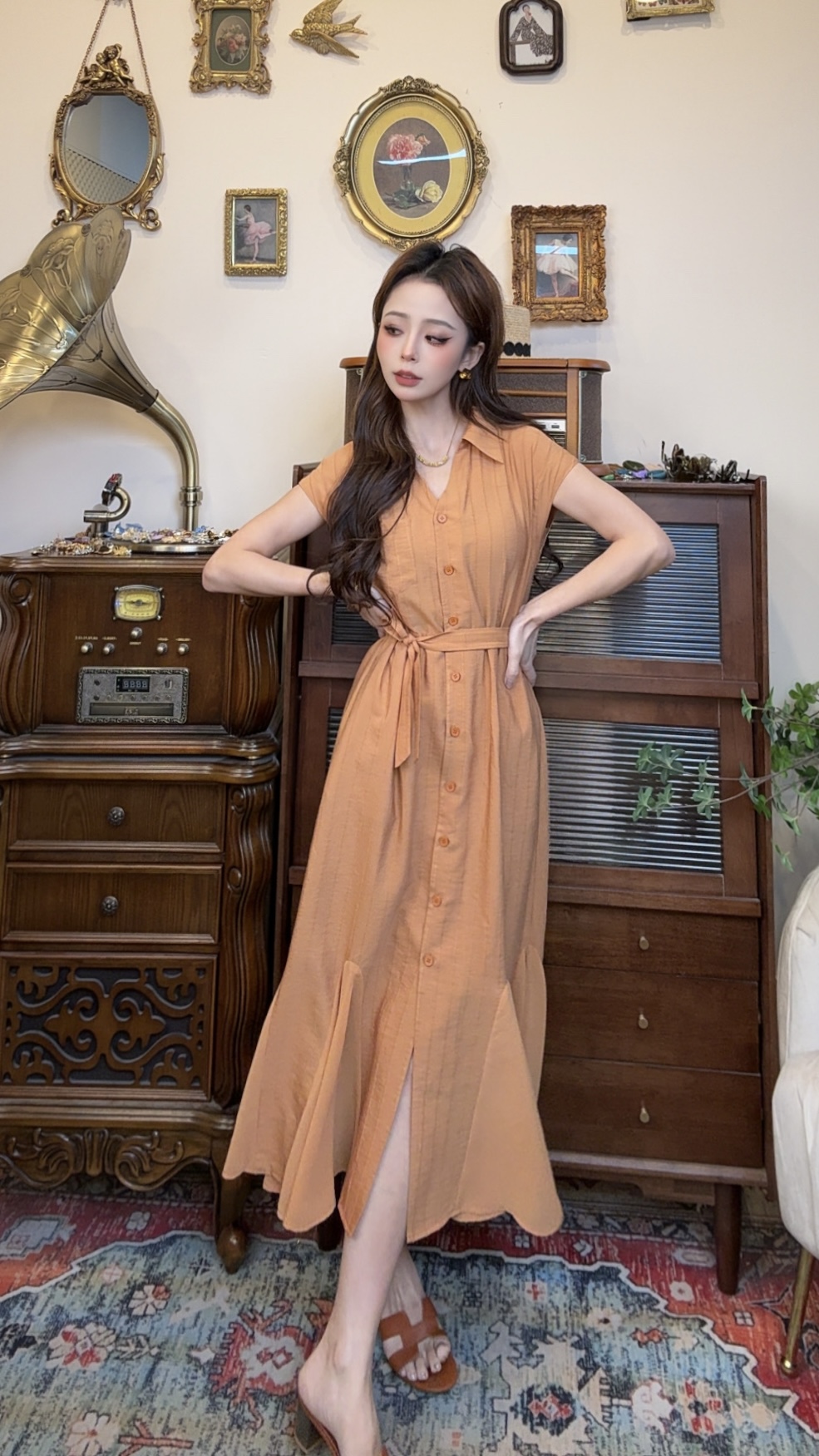 【十一港风】复古高级感荷叶边拼接显瘦鱼尾洋气衣服女2506L1285