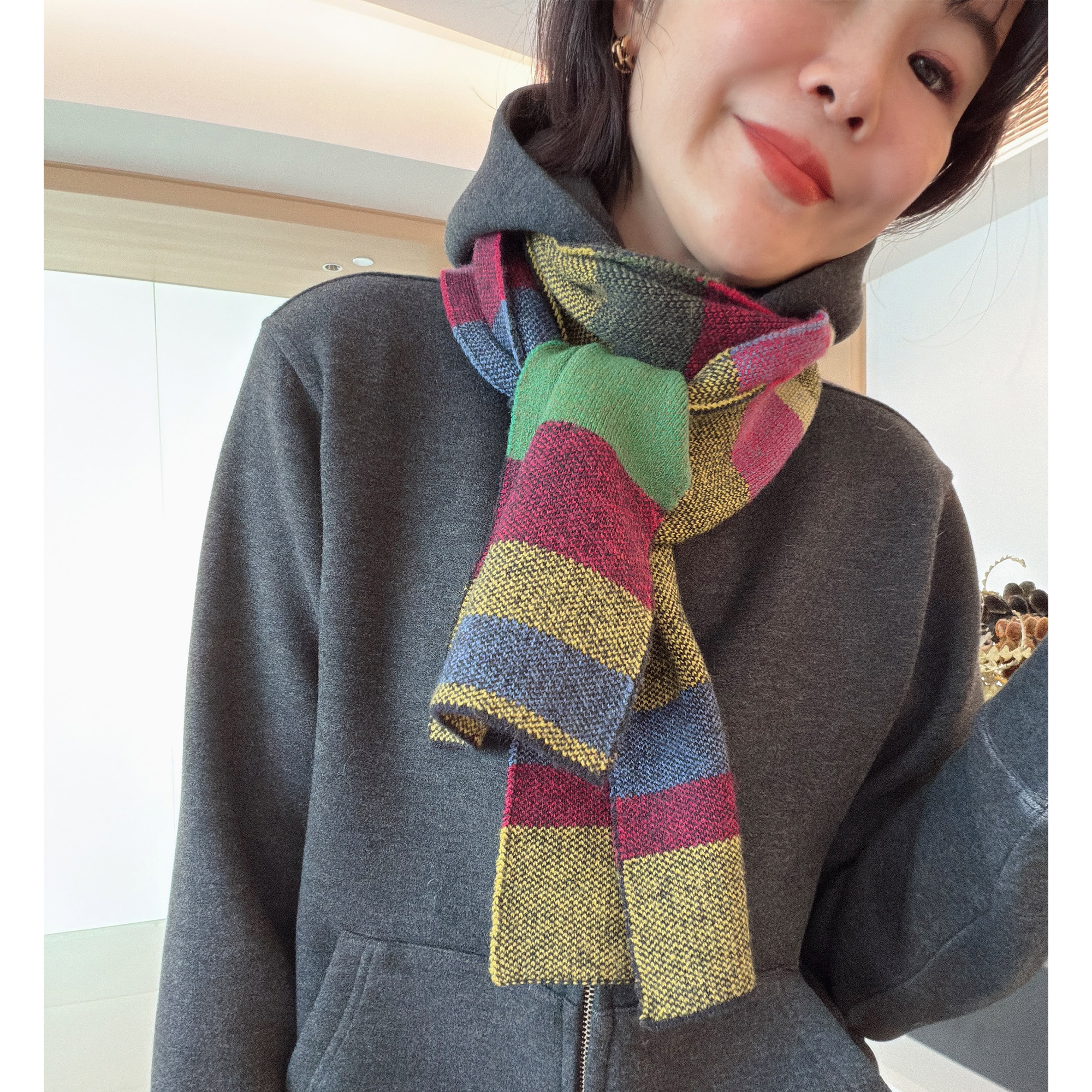 秋冬百搭时尚彩虹拼色保暖针织围巾