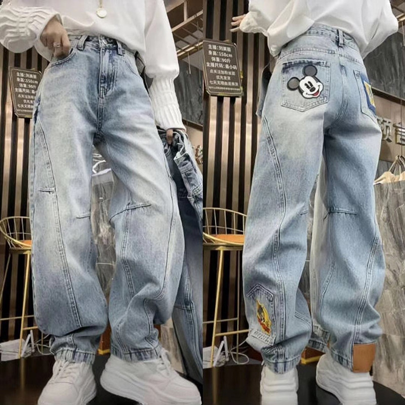 2025春季新款卡通米奇刺绣牛仔裤女时尚百搭休闲直筒裤潮