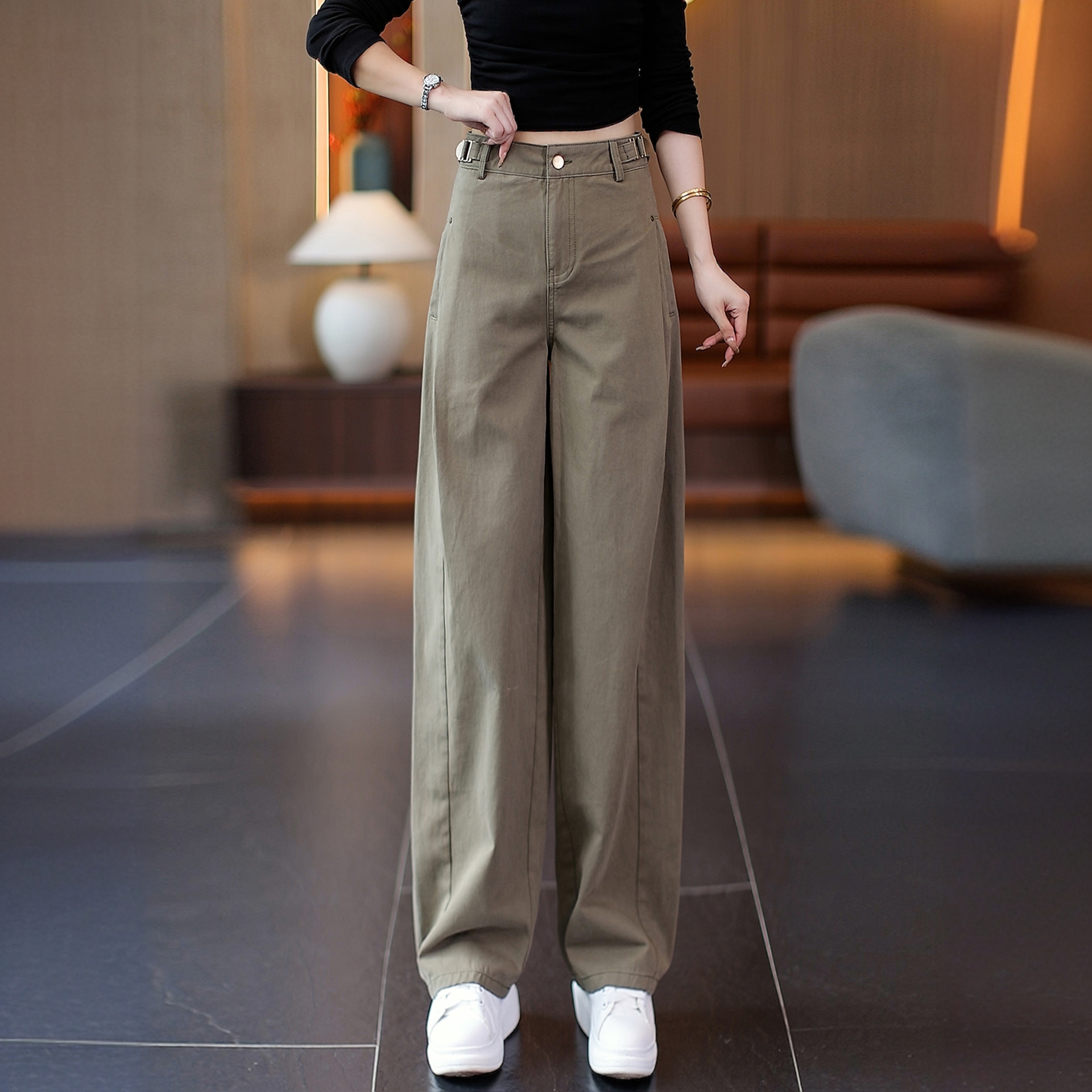 复古休闲工装裤女2025春秋新款显瘦拖地裤今年流行高腰阔腿弯刀裤