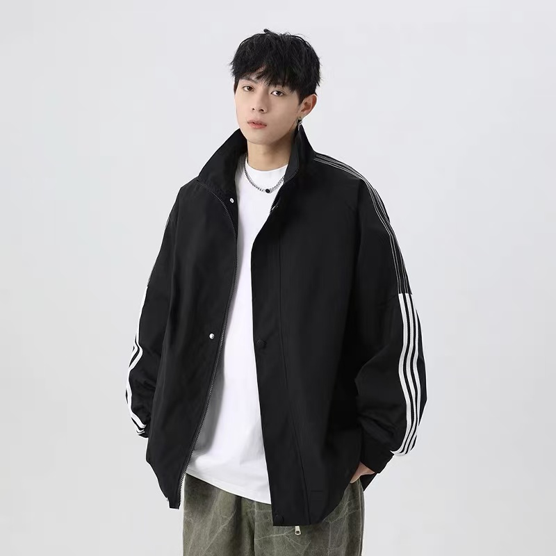 情侣三条杠立领夹克男生加肥大码宽松潮牌外套女春秋休闲百搭上衣