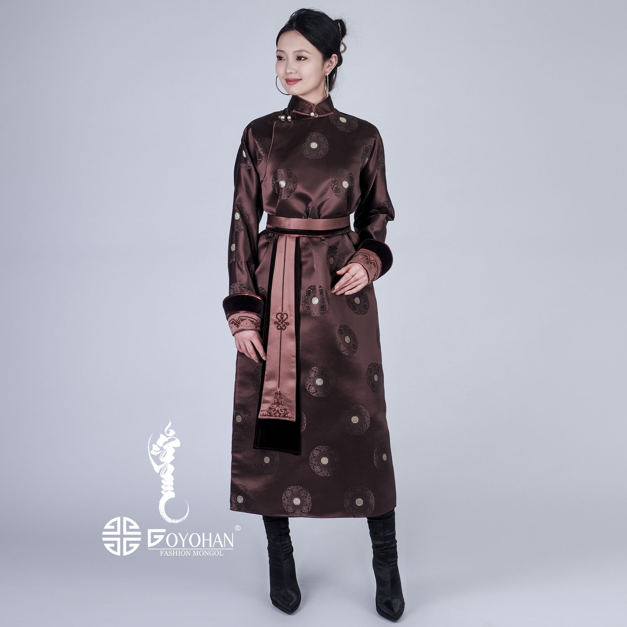 【高艺汗】蒙古族绣花马蹄袖织锦缎女士长袍 0958