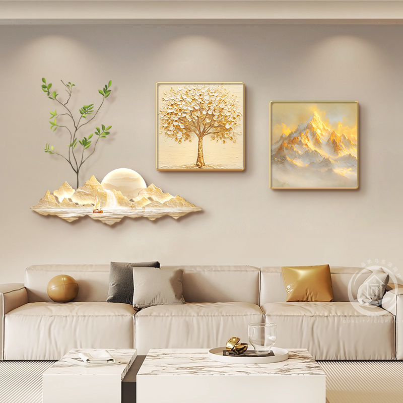 轻奢高级感发财树客厅装饰画日照金山沙发背景墙高端山水壁画