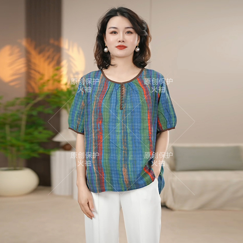 火袖G122中老年女装圆领印花T恤上衣女宽松气质显瘦大码减龄小衫