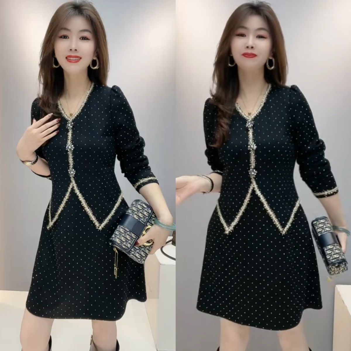 时尚气质小香风秋冬新款亮闪闪遮肚显瘦假两件连衣裙