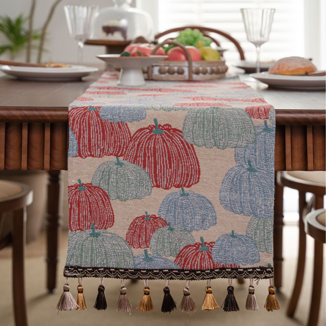 美式乡村感恩节桌旗红色提花南瓜茶旗电视柜餐桌节日装饰