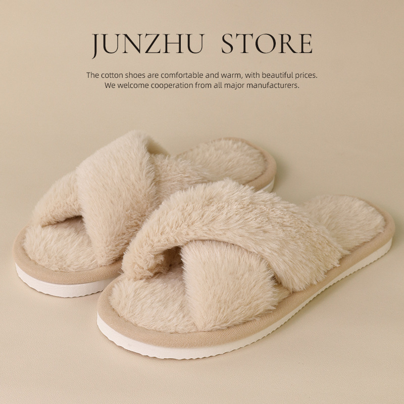 跨境款拖鞋交叉开口春秋居家防滑平底毛绒时尚简约露趾毛毛拖鞋