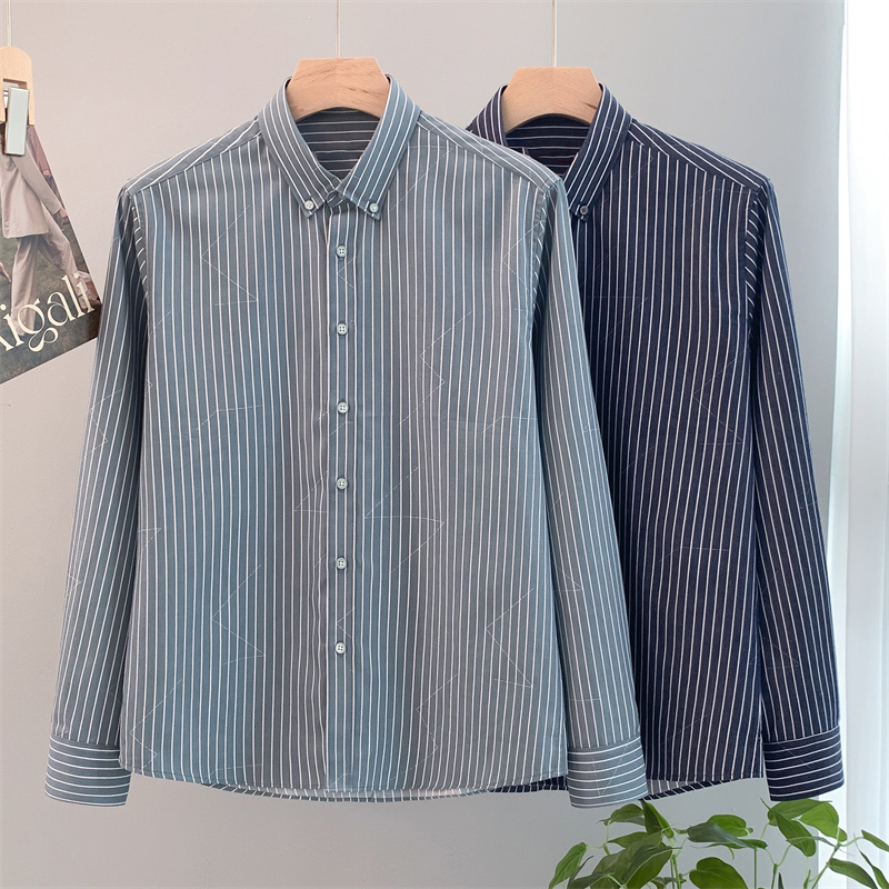 撤柜男装尖领扣领长袖休闲衬衫男士简约时尚条纹柔软亲肤有型衬衣