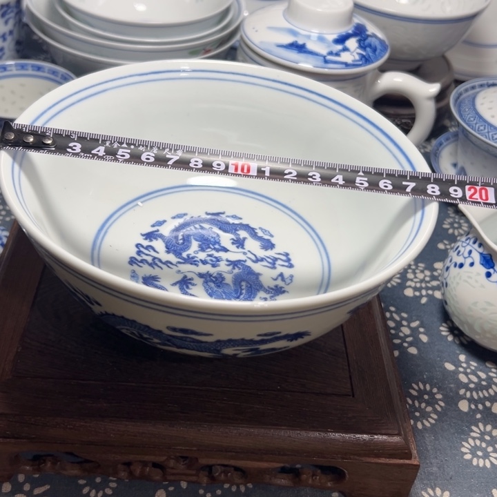 陶瓷青花7寸双龙戏珠面碗