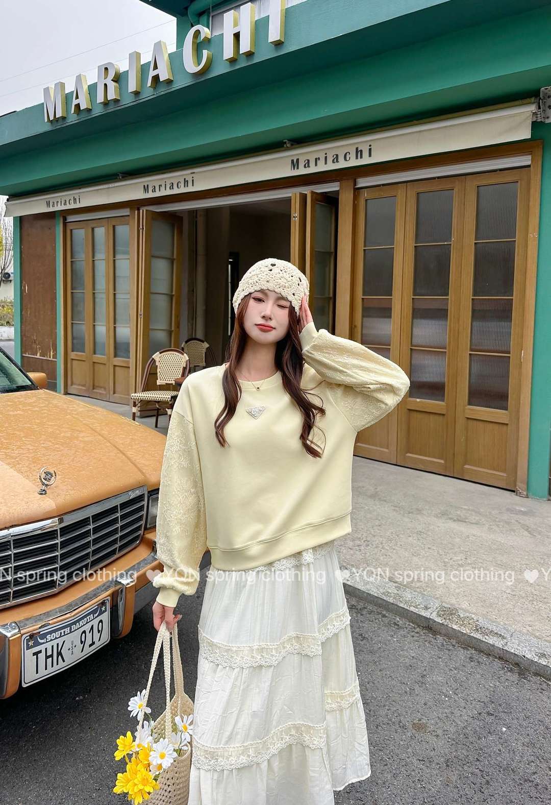 高级三角标蕾丝拼接圆领卫衣上衣欧货女