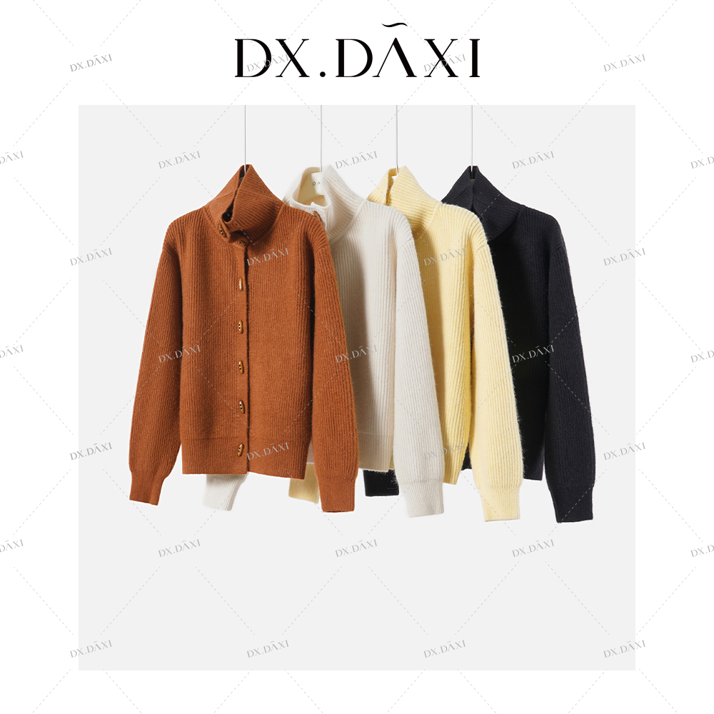 DX.DAXI【牛角面包】复古木扣翻领针织外套女秋冬新款纯色毛衣上衣