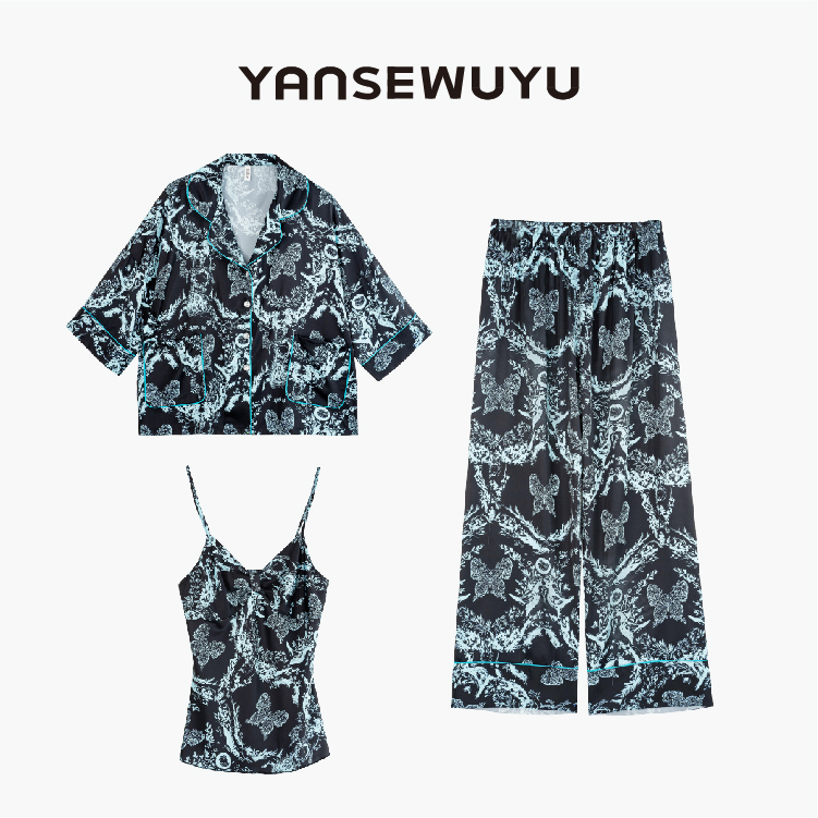 【蓝金花影】夏季新款轻奢时尚休闲家居服套装睡衣三件套