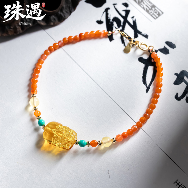 原创设计天然南红搭配蜜蜡貔貅单圈时尚百搭手串