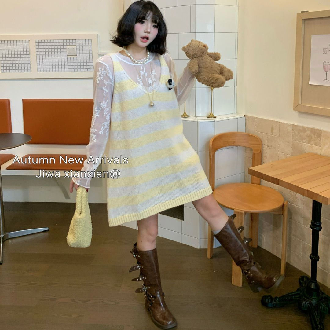 吉娃秋季新款时尚条纹针织背心裙女甜美减龄连衣裙90352