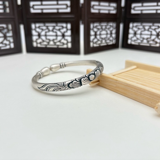 足银手镯 足银水滴牡丹民族风素款首饰古风纯手工实心女款银手镯