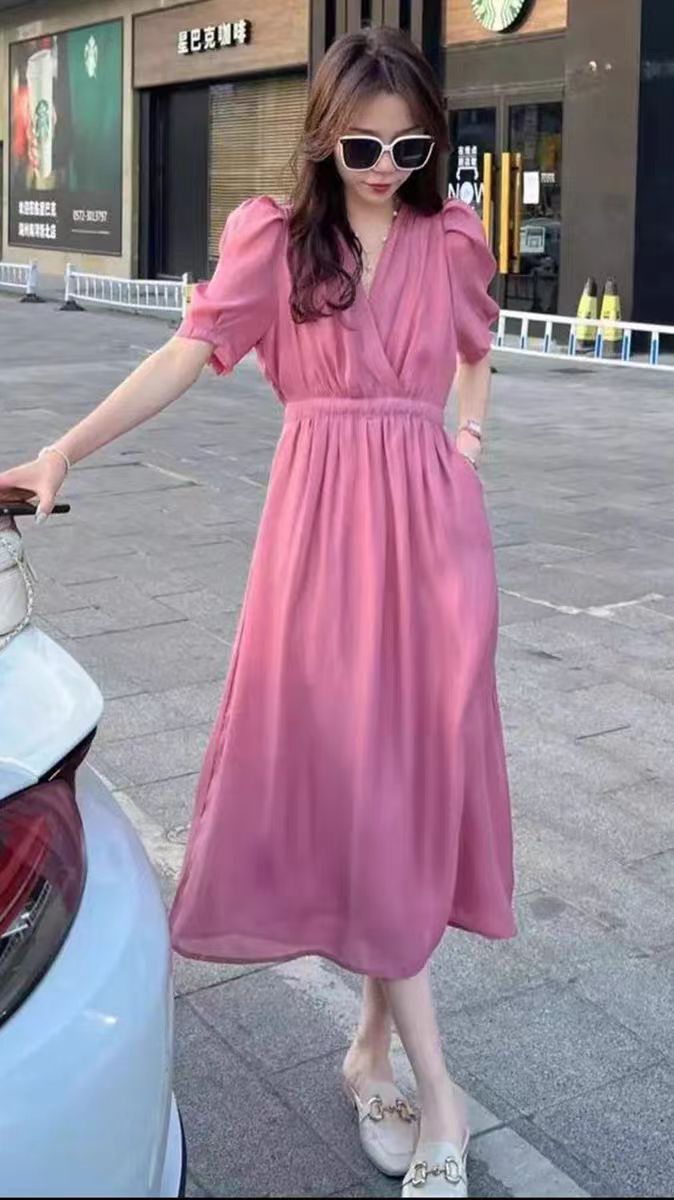 夏季法式气质泡泡袖温柔风褶皱收腰显瘦连衣裙A099
