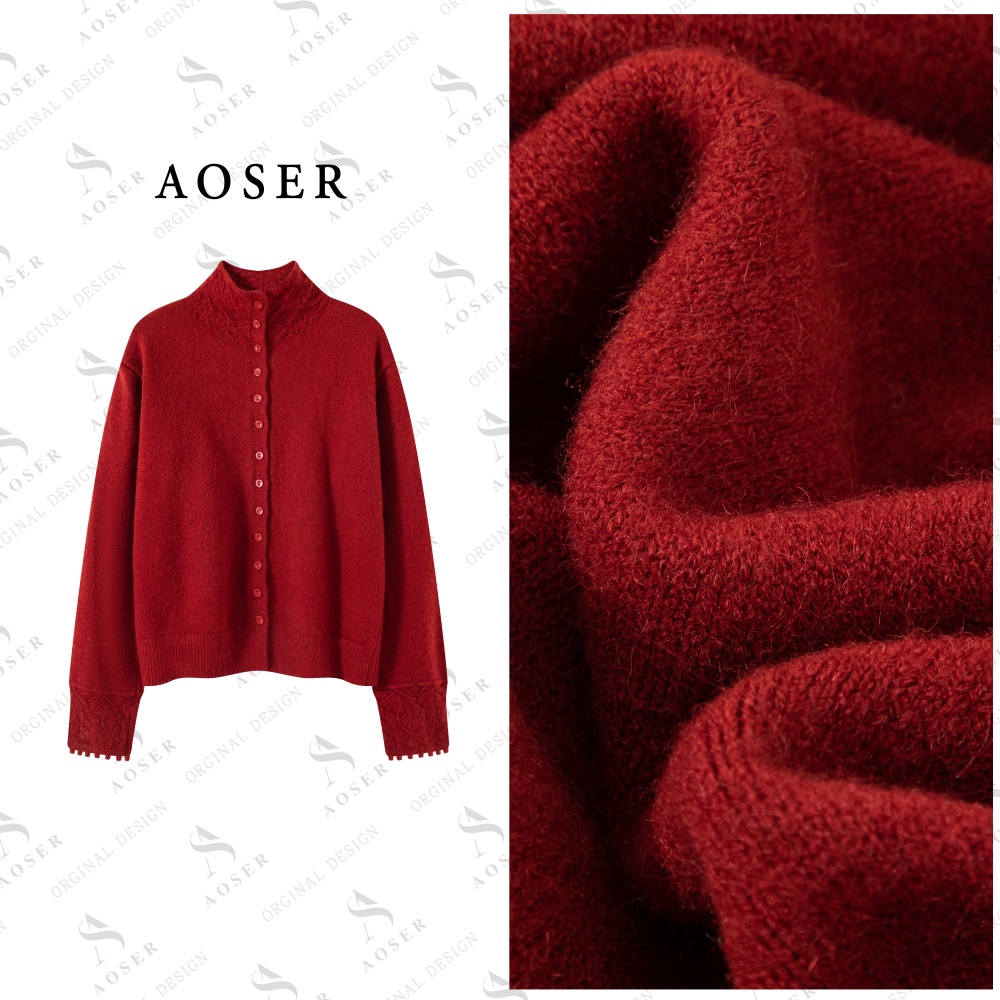 AOSER休闲时尚INS风拼接镂空钩花边高领女装针织开衫2638