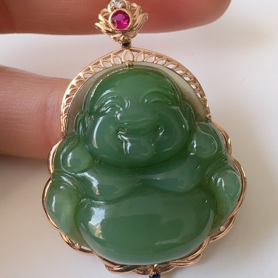 和田玉W佛公18K金镶嵌下***你