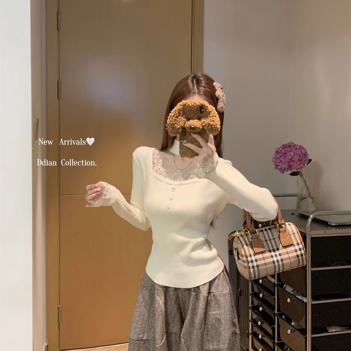 2025年春季新款法式甜美减龄百搭纯色短款小个子方领长袖针织衫女