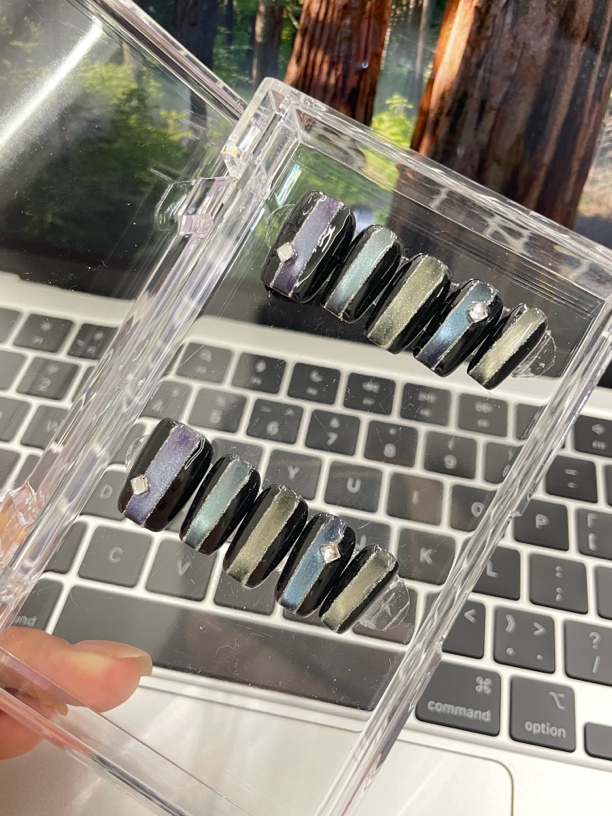 蓝色猫眼爆闪亮片可拆卸短款穿戴甲秋冬显白百搭气质美甲