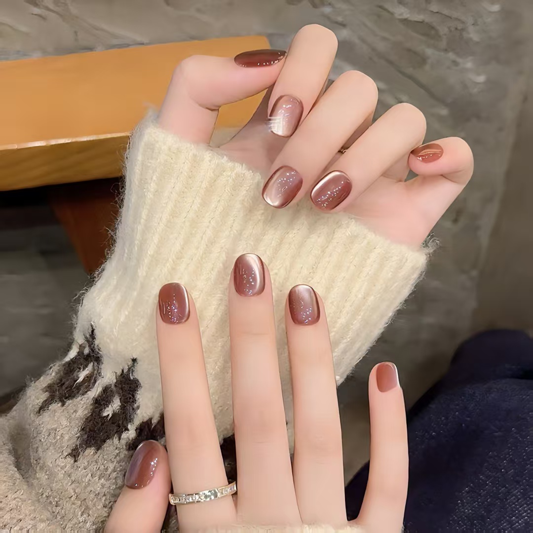 [枫糖猫眼]手工穿戴甲追光枫糖猫眼美甲秋冬日常显白高级感