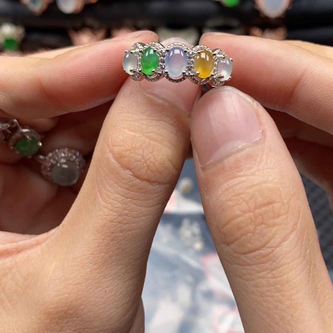 翡翠戒指银S925镶嵌桃**淘天然缅甸翡翠A货