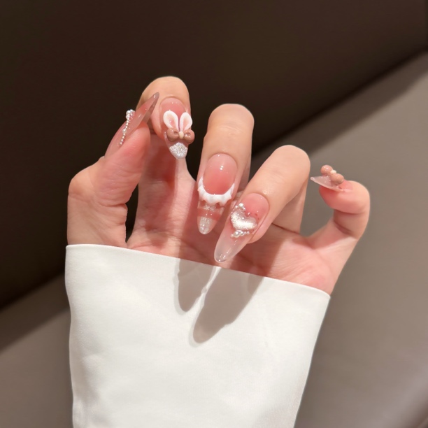 【格纹奶兔】立体重工兔耳裙摆少女猫眼法式 2072402 纯手工穿戴甲